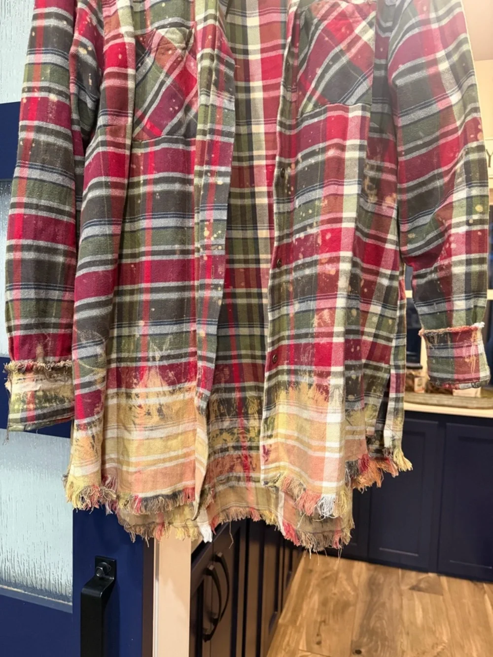 Distressed Red & Green Plaid Flannel Shirt Jacket - Picture 3 of 4